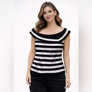 ✨ Joseph Ribkoff Black White Striped Top Off Shoulder Structured Size 12